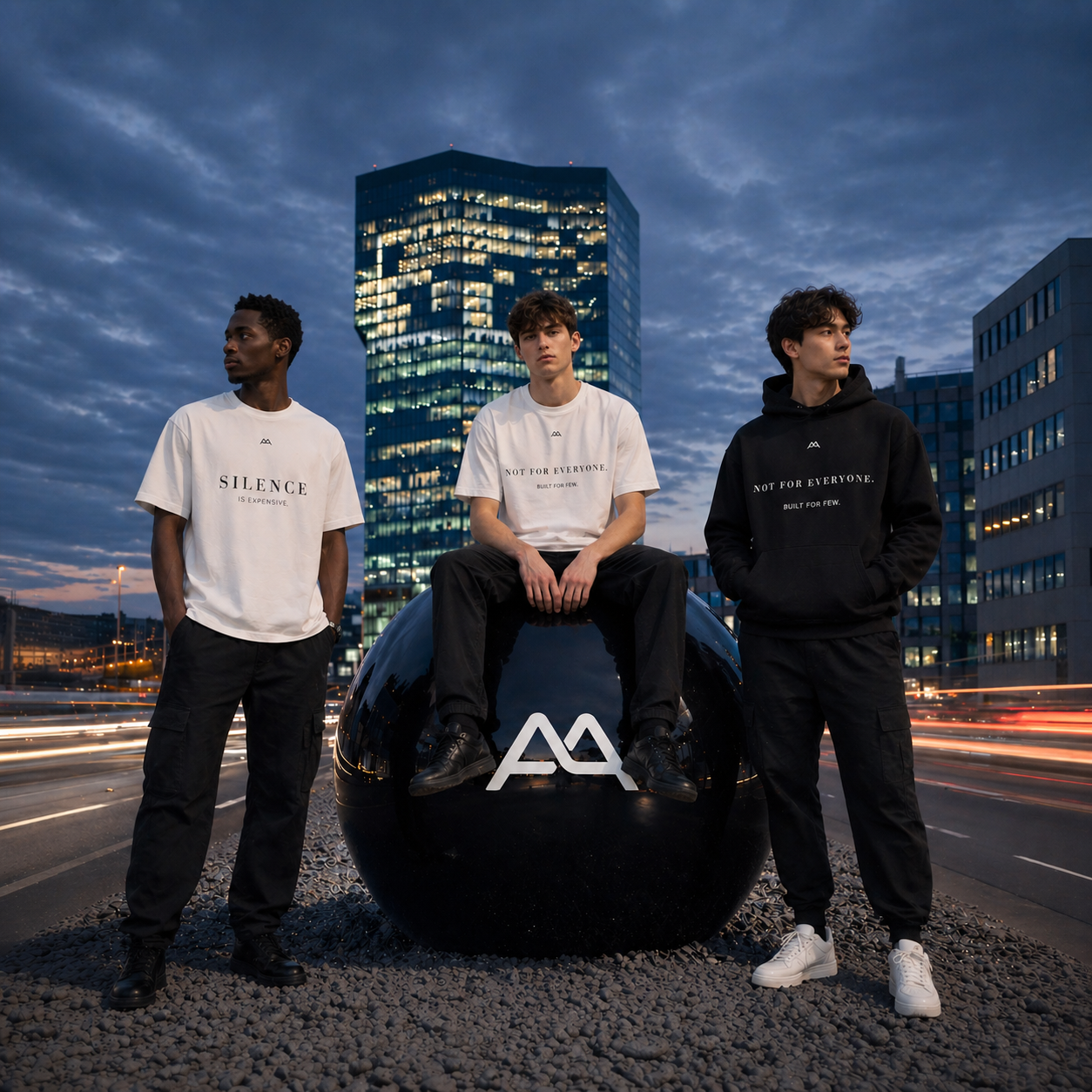 Three models wearing Althaus Apparel statement pieces in front of a city skyline at dusk